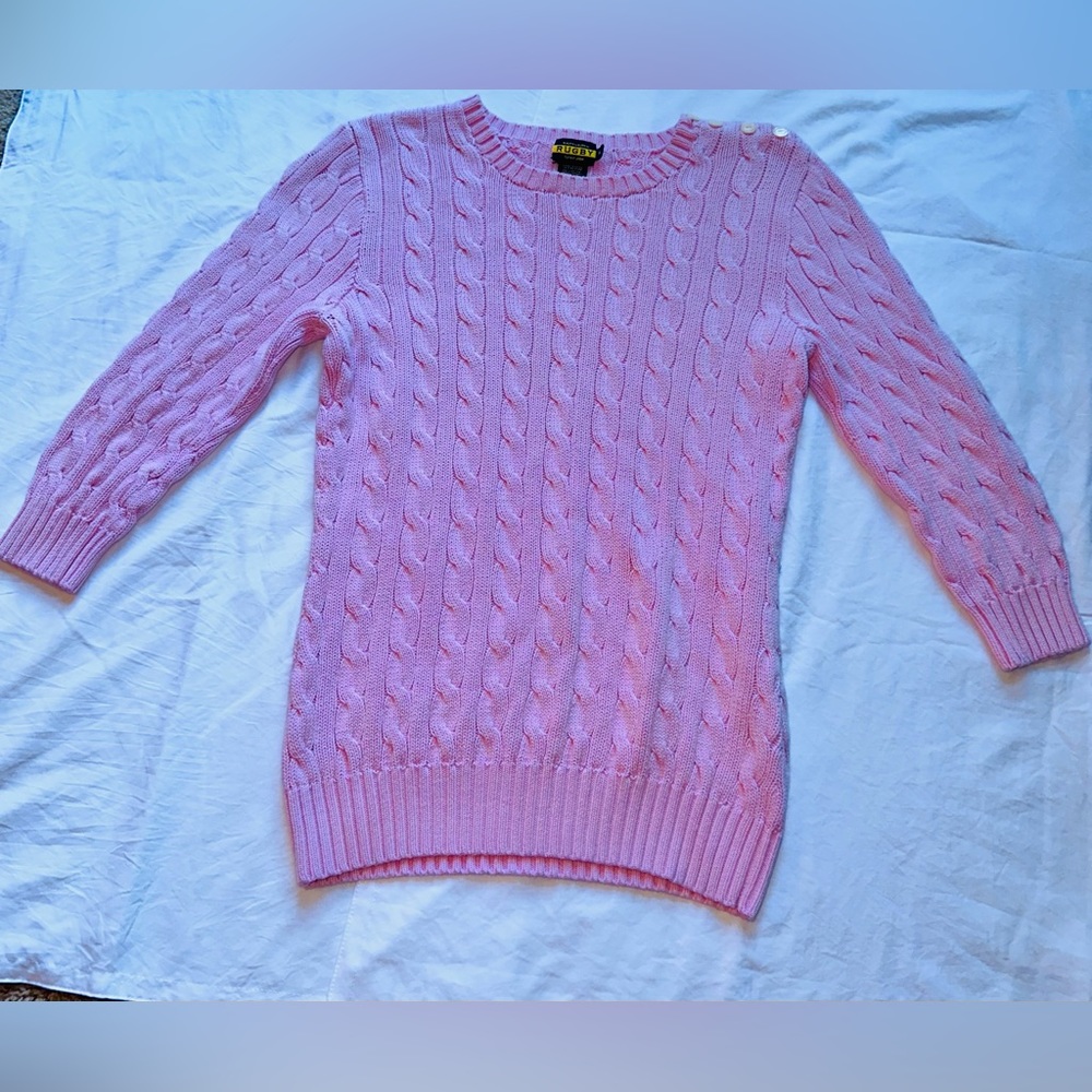 Ralph Lauren Rugby Women’s Cable knit 100% Cotton 3/4 Sleeve Pink Sweater Medium